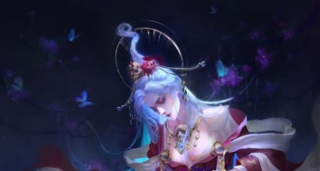 Princess - fantasy, blue, princess, art, asian, pink, zm panda, luminos