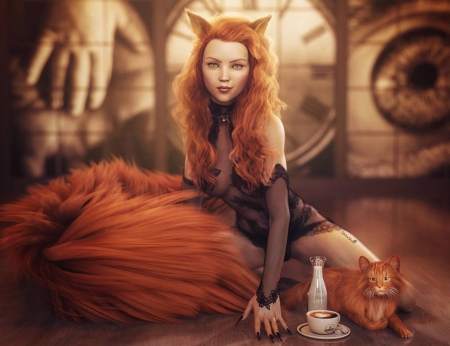 Red cat girl - shibashake, fantasy, girl, pisici, cat, luminos