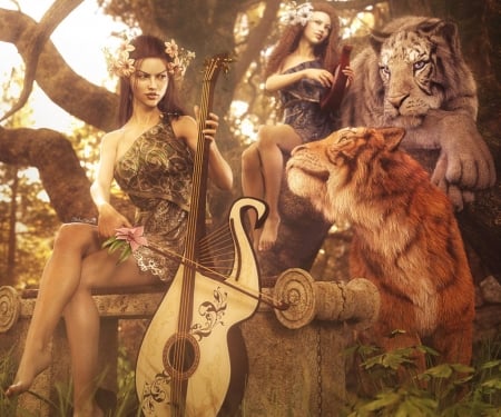 One sweet song - tiger, instrument, cat, elf, pisici, girl, fantasy, shibashake, luminos, tigru