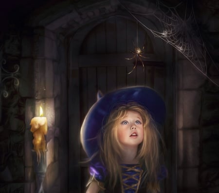 Little witch and the spider - candle, lotta lotos, hat, spider, copil, child, fantasy, creative, web, halloween, witch, luminos