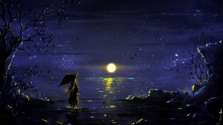 Full moon - moon, sava g, girl, water, night, fantasy, umbrella, luminos, blue, luna