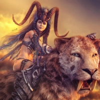 Barbarian girl riding a saber tooth tiger