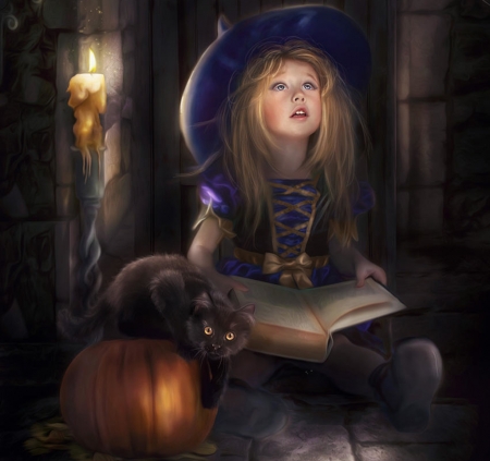 A Merry Halloween! - hat, book, girl, pumpkin, copil, child, cat, witch, black, fantasy, animal, halloween, cute, luminos