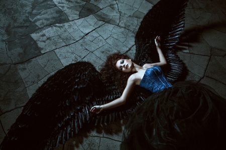 Fallen angel - blue, girl, angel, dark, black, womna, woman, model, wings