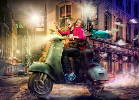 :) - motorcycle, girl, adrian sommeling, city, children, pink, copil, street, couple