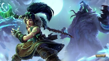 Fantasy girl - smite, game, luna, blue, warrior, bear, fantasy, urs, moon, green