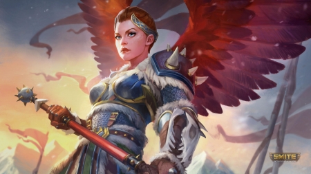 Nive - girl, angel, wings, fantasy, armor, game, red, blue, smite