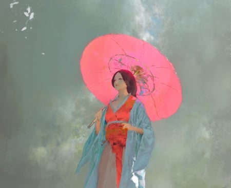 Girl - blue, kimono, mgirl, pink, fantasy, ruan jia, umbrella, parasol, red, asian, art, luminos