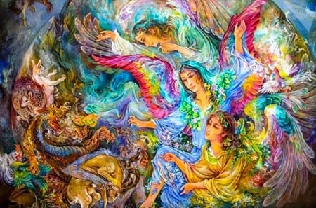 Paradise Angels - pretty, girl, angel, fantasy, rainbow, painting, digital, woman, paradise, art