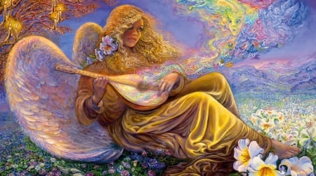 Angel Melodies - pretty, josephine wall, girl, angel, mandoline, musician, fantasy, rainbow, digital, woman, art