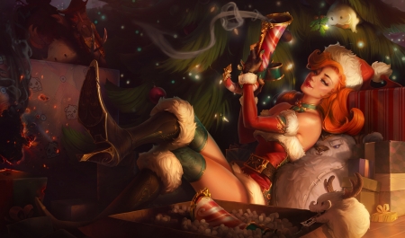 CandyCane Miss Fortune - candy cane, andrew theophilopoulos, game, miss fortune, girl, lol, fantays, christmas, craciun