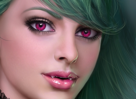 Evelyn - evelyn, girl, frumusete, drewdiddy1996, vampire, fantasy, face, pink, luminos, amethyst eyes, green