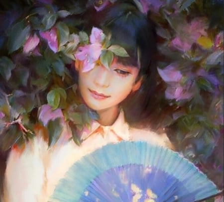 Girl with fan - flower, pink, girl, blue, art, fantasy, hand fan, luminos, huazha l