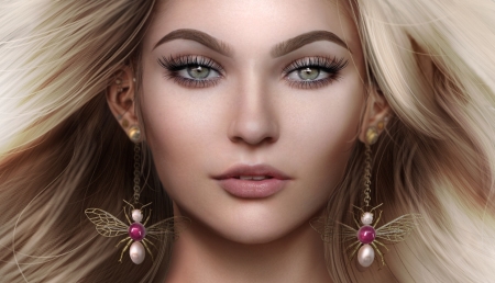 Beauty - rendering, girl, eyes, frumusete, fantasy, earrings, face, pink, luminos, blonde