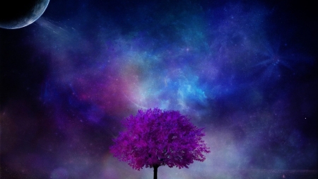 Fantasy field with purple tree - planet, purple, tree, blue