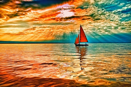 Sunset - sea, dawn, sail, clouds