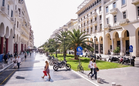 Thesaloniki, Greece - street, palms, Greece, houses