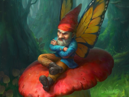 :) - mushroom, grumpy, wings, fantasy, art, butterfly, gnome, yellow, red, blue, joya filomena, dwarf, green, fairy