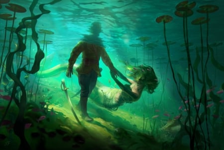 :) - vara, couple, girl, summer, fantasy, underwater, luminos, mermaid, man, green, joya filomena