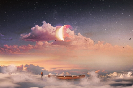 Fantasy - moon, cloud, luminos, pink, hani jamal, luna, fantasy, boat