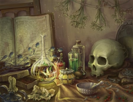 Vanitas - stuff, fantasy, bottle, vanitas, art, joya filomena, luminos, skull