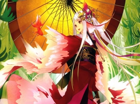 fish kimono Japanese umbrella - Fantasy, Girl, CG, Anime