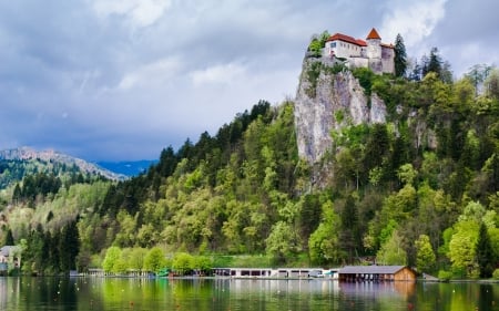 Bled Castle, Slovenia - lake, slovenia, trees, castle, rock