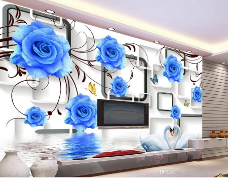 blue roses - room, art, decor, wall