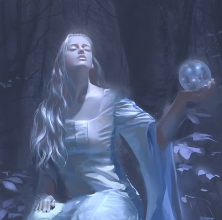 Moon goddess - moon, blue, mars foong, girl, fantasy, white, hand, goddess, art, luminos, luna