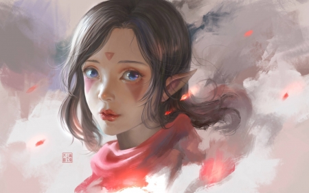 Elf girl - face, fantasy, pink, elf, luminos, girl, art