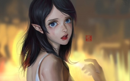 Elf girl - face, fantasy, elf, luminos, girl, art