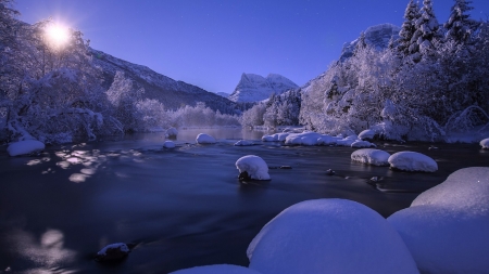 Stunning Winter River Twilight - nature, snow, winter, twilight, rivers, mountains, rocks