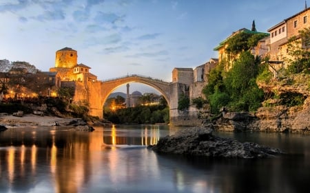 Mostar, Bosnia - houses, bosnia, river, bridge, mostar