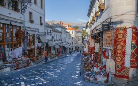 Street in Gjirokastra, Albania - street, Albania, shops, Gjirokastra, houses