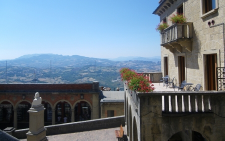 Terrace in San Marino - flowers, San Marino, house, landscape, terrace