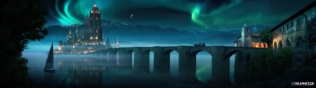 Path of revelation - moon, aurora, fantasy, tobias roetsch, luminos, blue, green, luna, bridge