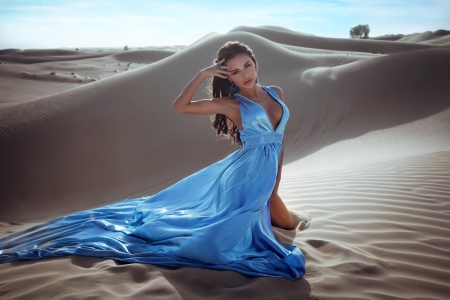 Beauty - desert, summer, blue, woman, model, dress, girl, sand