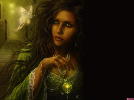 The Pendant - sad, moth, green, luminous, long hair