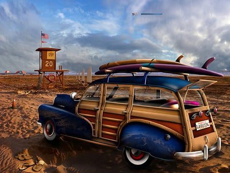 Car on the beach - lifesaver, sandals, surfboards, car, beach, art