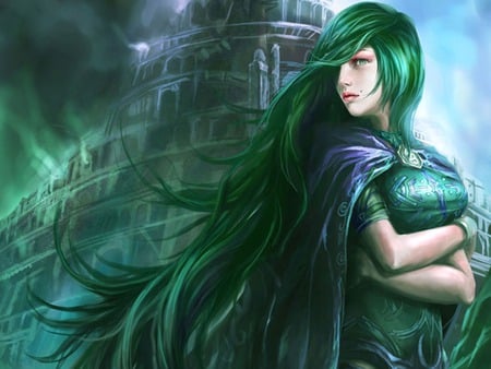 Girl with green hair - wary, green eyes, building, green hair