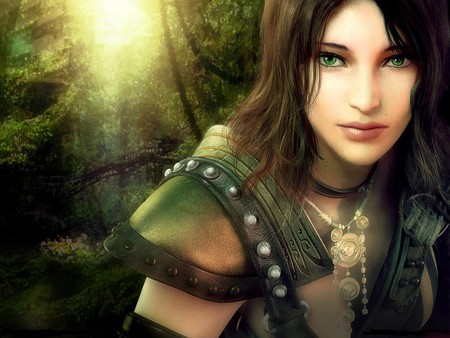 Warrior of the Forest - pretty, lady, pendant, green eyes, mysterious, armour