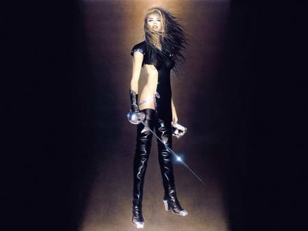 woman with sword - pretty, black, girl, luis royo, art, sexy, beautyfull