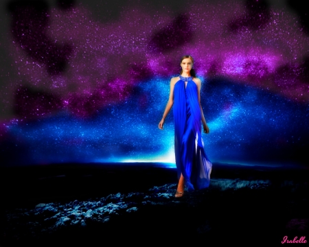 Find your own Way... - woman, beauty, sky, way, night, fantasy, purple, galaxy, blue, dress