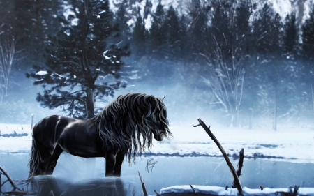 frozen dream - lake, drawing, frozen, horse