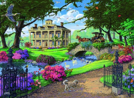 Welcome home - painting, art, pink, dog, pictura, green, mansion, house, garden, flower