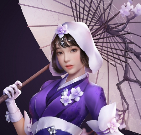 Fantasy girl - parasol, girl, frumusete, asian, black, miao miao, white, purple, umbrella, luminos, pink