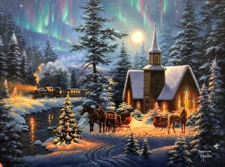 Christmas of Silent Night - sleigh, Christmas Tree, winter, paintings, snow, holidays, xmas and new year, northern light, moons, trains, horses, churches, Christmas, love four seasons