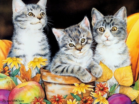 cats-cat-flower-calender-art-maday-kittens-kitten-jane-oil-painting-image-cartoon - deutschland, cats, kids, vase, freunde