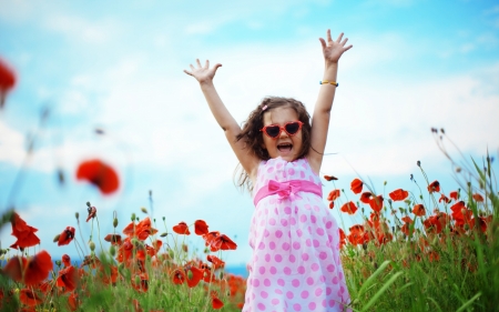 Little Girl - field, jumping, girl, glasses