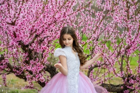 Girl - tree, flowers, girl, sakura